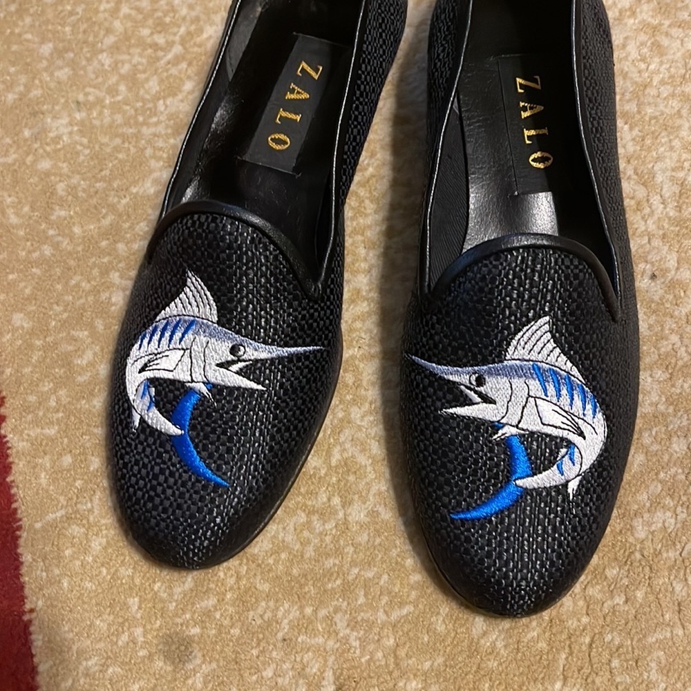 Zalo Black Loafers with Blue Fish Embroidery